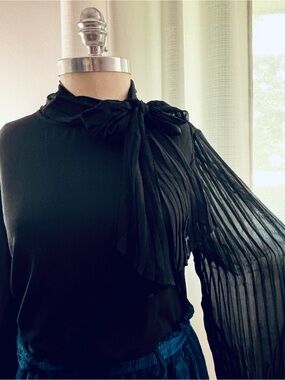 Cable & Gauge Black Top w/Sheer Pleated Sleeves & Attached Neck Tie, L, NWT